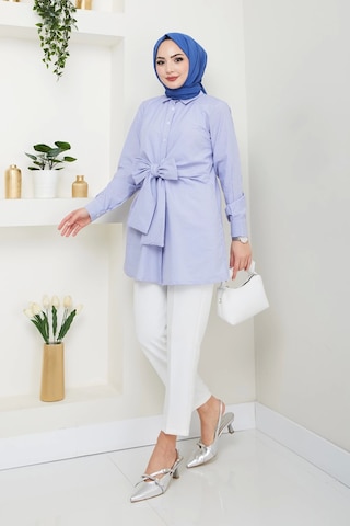Çizgili Poplin Bağlamalı Gömlek - Mavi / Ü103 Mavi