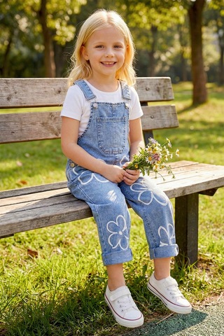 Baby Mod Çiçek Baskılı Denim Kız Çocuk Salopet Kot Tulum Mavi