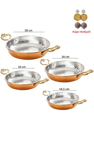 Bakır Dövme 4 Lü Tava Seti Küpe Hediyeli