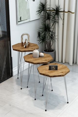 3'lü Sekizgen Zigon Sehpa Seti - Gümüş Metal Ayaklı, Modern & Şık Yan Sehpa, Dayanıklı Salon Ofis Atlantik Çam