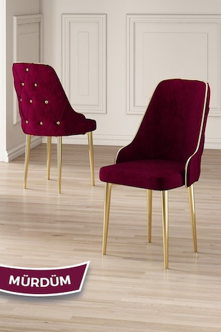 Canisa Vae Serisi 90x160 Lak Panel Beyaz Mermer Desen Gold Ayak Masa Takımı 6 Mürdüm Sandalye Beyaz Mermer Desen Masa Sandalyeler Mürdüm