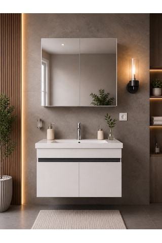 Modern 80 Cm Beyaz Renkli Mdf Seramik Lavabolu Alt Ve Üst Dolaplı Üst Aynalı Banyo Dolabı
