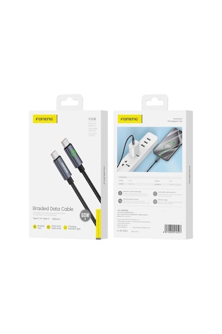 Foneng Xs08 60w Type-c To Type-c Işıklı Örgü 1.2m Hızlı Data Ve Şarj Kablosu