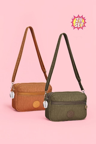 Westbag Kadın Çapraz Askılı Üç Gözlü Fermuarlı Krinkıl Günlük Omuz Çantası 2'li Set Haki - Taba
