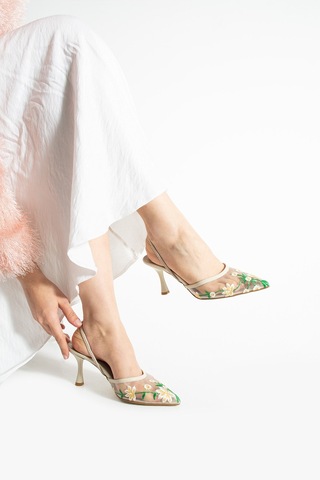Lebibe Shoes Daısy Çiçek İşlemeli Tül Dokulu 7cm Bantlı Bej Topuklu Ayakkabı