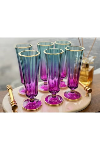 6 Lı Renkli Yaldızlı Cam Kahve Yanı Su Bardağı Flüt Bardak 150ml