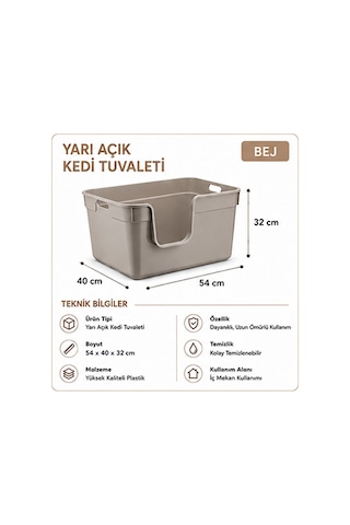 Pribor Yüksek Kenarlı Yarı Açık Kedi Tuvaleti, Geniş Ve Kolay Temizlenebilir 54 X 40 X 32 Cm Bej