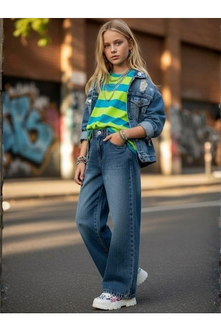 Zekids Kız Çocuk Bol Paça Denim Pantolon-16681 Çok Renkli