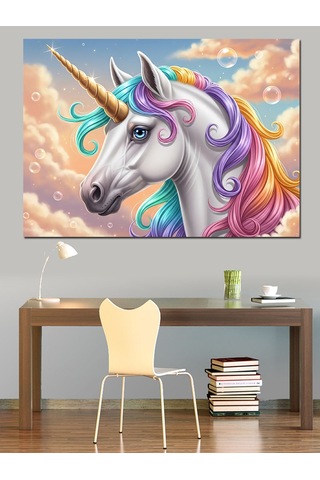 Ahşap Tablo Gökkuşağı Yeleli Beyaz Unicorn Tablosu
