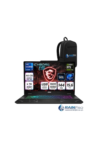 MSI Cyborg 15 B13WFKG-490XTRRNP20 Core i7-13620H 48 GB 4 TB SSD 8 GB RTX5060 15.6" FHD W11P Dizüstü Bilgisayar + Çanta