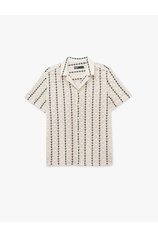 Koton Regular Fit Kısa Kollu Pamuklu Devrik Yaka Ajurlu Gömlek Siyah Çizgili 6sam60097nw