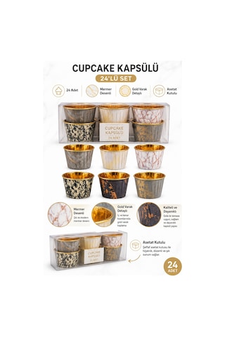 Cupcake Kapsülü 24'lü Mermer Desenli Gold Varaklı Asetat Kutulu Kek Ve Muffin Pişirme Kapsülü
