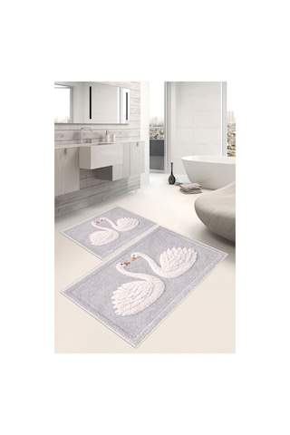 Kuğu Desenli Dijital Baskılı Yıkanabilir 2li Banyo Paspası 50x60-60x100 Gri
