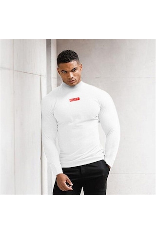 Beyaz Muscleguys Erkek Yüksek Boyun Slim Fit Spor Giyim Spor Vücut Geliştirme Nefes Uzun Kollu Ilkbahar Ve Sonbahar T-shirt