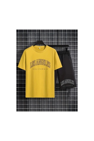 Erkek Sarı''los Angeles Baskılı'' Basic Oversize T-shirt- Şort Takım Strup0000000000015