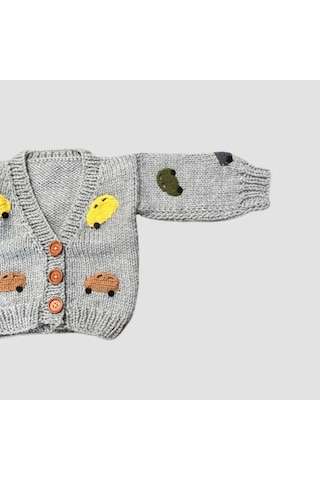 Uretti - Gülnur 2184 - 6995 El Örgüsü Araba Motifli Erkek Çocuk Hırka 3 Yaş Gri