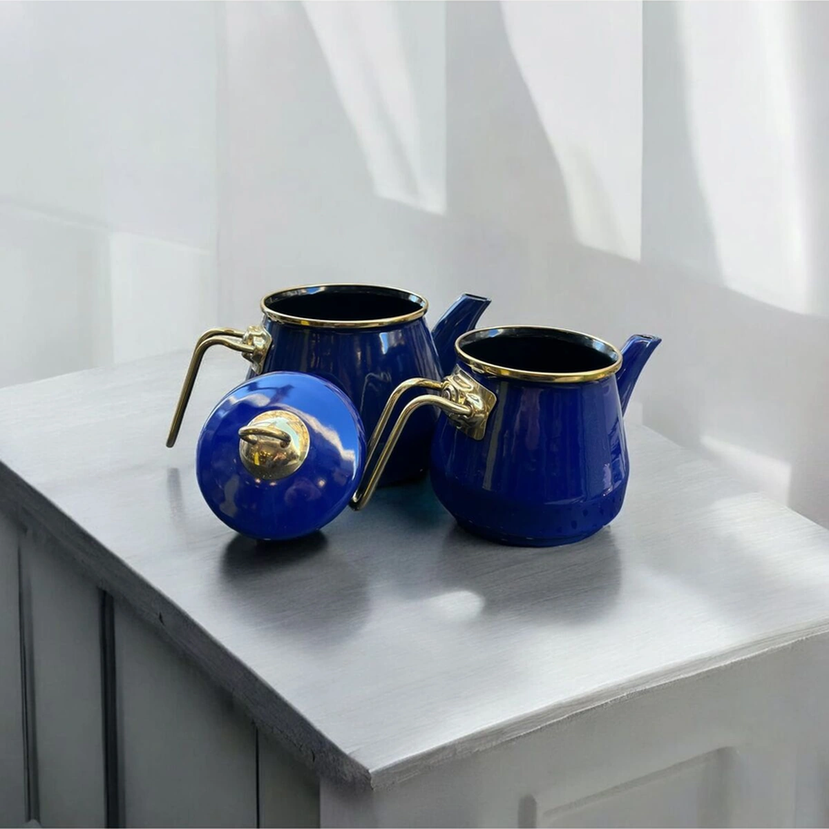 Taşev Robin Emaye Çaydanlık Takımı Lacivert Lacivert