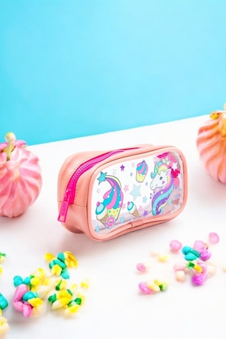 01112 Pembe Renk Unicorn Desenli Şeffaf Su Geçirmez Tek Bölmeli Kalem Kutusu