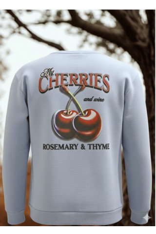 Feydi Unisex İçi Polarlı Kapüşonlu Sweatshirt Cherries Baskılı Açık Mavi