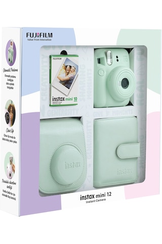 Fujifilm Instax Mini 12 Fotoğraf Makinesi + 10'lu Film Kare Albüm + Deri Kılıf Bundle Box Yeşil