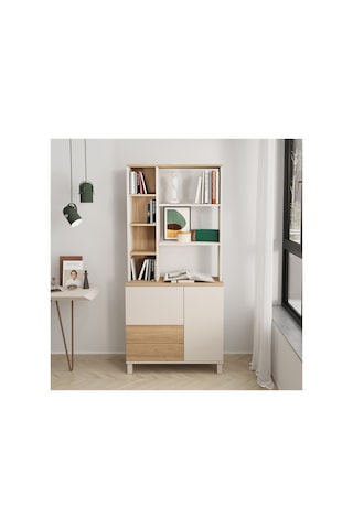 Mood Kitaplık Raf Ahşap Ayaklı 188cm 2 Kapaklı 2 Çekmeceli Kumsal-sepet Md6-cs Bej