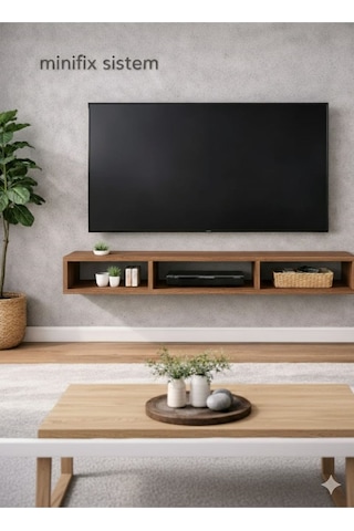 Dekoratif Raflı Duvar Tv Ünitesi Üç Bölmeli Atlantik Çam 150 Atlantik Çam