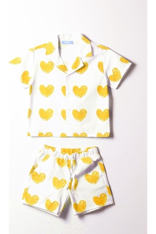 Lolliboomkids Unisex Çocuk Yeni Sezon Sarı Kalp Desen Kısa Kol Gömlek Ve Şort Takım 2 Parça Sarı Beyaz Sarı - Beyaz