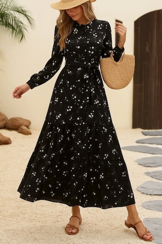 Moderie Butik Kadın Uzun Kollu Hakim Yakalı Düğmeli Kuşaklı Desenli Maxi Mikro Süprem Elbise Siyah