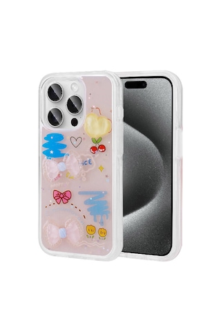Zore Apple iPhone 15 Pro Uyumlu Kabartma Figürlü Parlak Omsy Minimini Silikon Kılıf-pembe