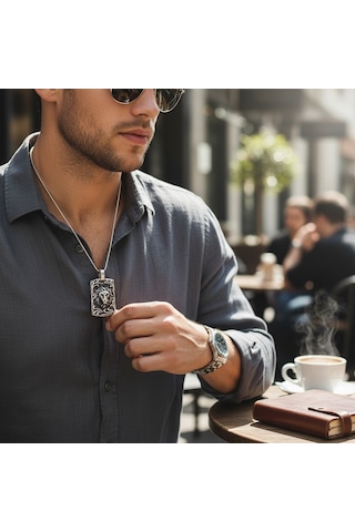 Büyük Aslan Başı Çelik Kolye Ucu Silver