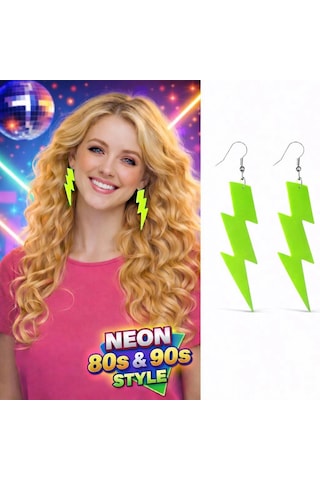 80 Ler 9039lar Retro Neon Yeşil Şimşek Küpe 10 Cm "