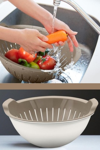 Flosoft Hazneli Makarna Süzgeci 25 Cm, Badyalı Kulplu Sebze Meyve Yıkama Süzgeci 3 Litre Bej