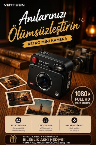 Nostaljik Tasarımı Retro Görünüm Kare Mini Foto Video Kamera 1080p Full Hd 32gb Kart li