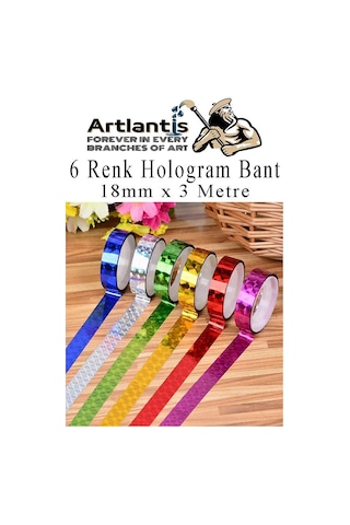 Renkli Hologram Bant 6 Renk 12 Adet 18mm X 3 Metre Yaldızlı Metalik Desenli Fosforlu Hologram Bant Hobi Tasarım 12 Adet