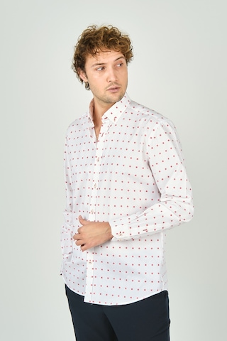 De Leone Erkek Slim Fit Uzun Kollu Desenli %100 Pamuk Gömlek 2043 Kırmızı Kırmızı