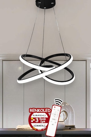 Kumandalı 3 Renk Işıklı Siyah Kasa Modern Sarkıt Led Avize Siyah