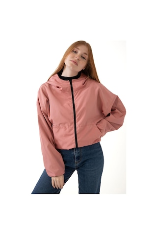 Spor Kadın Kapüşonlu Su Ve Rüzgar Geçirmez Cepli İçi Astarlı Oversize Mevsimlik Yağmurluk Pudra