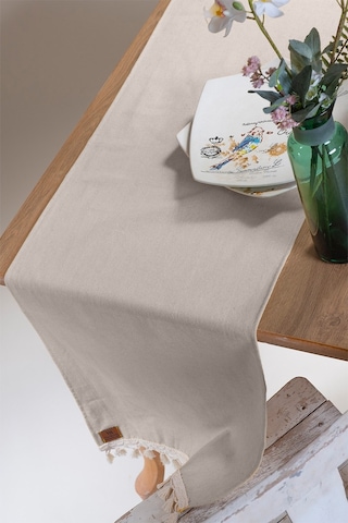 Vivamaison Düz Püsküllü Pamuk Kumaş Runner 45 x 150 Bej