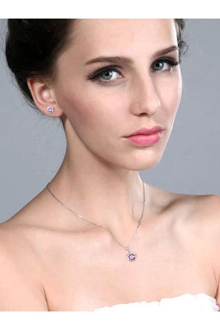 Brezza Lusso Jewelry Ametist Taşı Kalp Kadın Gümüş Kolye Küpe Seti 45 CM