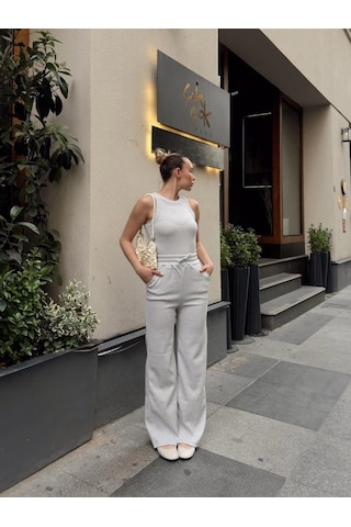 Kadın Kaşkorse Kumaş Atlet Ve Yüksek Bel Bol Paça Pantolon Ikili Takım Gri