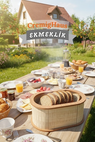 Geleneksel Tasarım Kapaklı Büyük Ekmeklik Oval Ahşap Ekmek Sepeti Akça Desenli Çok Renkli