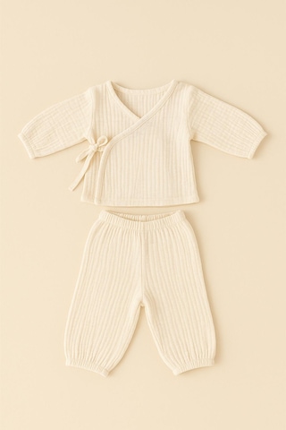 Heianmono 4 Katlı Müslin Yeni Doğan Set Hastane Çıkışı Alt Üst Takım-eldiven-şapka-üçgen Önlük Kız-unisex Bej