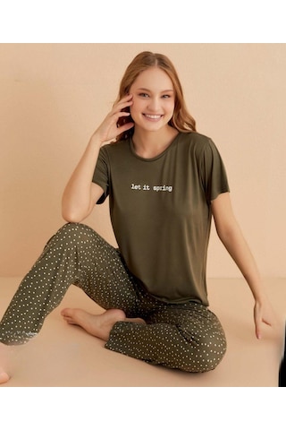 Mihra Kadın Bisiklet Yaka Milan Likralı Kısa Kol Pijama Takımı 50107h - 1 Adet Haki