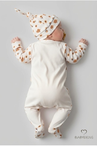 Babyden's Babasının Balı Yazılı Yenidoğan Bebek Tulumu Şapka Seti Arı Desenli %100 Pamuk Unisex Bebek Tulum Ekru - Sarı