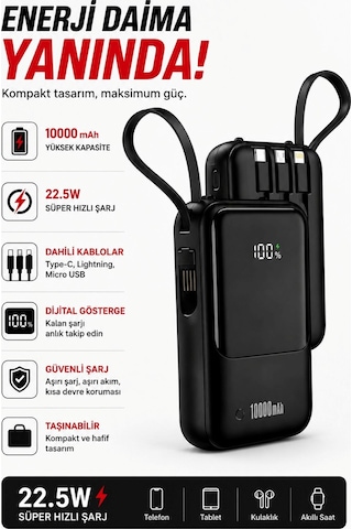 10000 Mah Powerbank 22.5w Süper Hızlı Şarj Dahili Kablolu Dijital Göstergeli Taşınabilir Şarj Cihazı Siyah