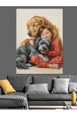 Köpekler Ve Çocuk Sevgisi Dekoratif Kanvas - Mdf Ahşap Tablo