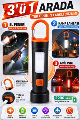 3'ü 1 Arada Şarjlı Fener El Feneri, Kamp Lambası Ve Acil Durum Işığı Çok Renkli