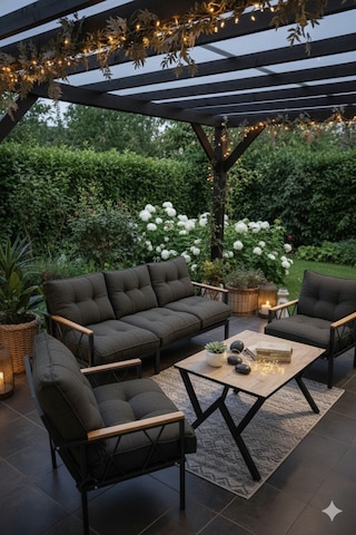 Ard & Garden Miray 311 Masalı Antrasit Fermuarlı Bahçe Balkon Takımı, Salon, Teras- Berjer Düğmeli Metal Çay Seti Antrasit