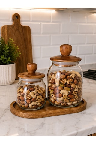 700ml-950ml Akasya Kapaklı Akasya Altıklı Cam Kavanoz Seti Ahşap - Şeffaf
