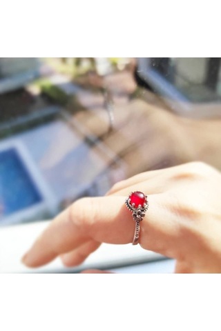 Oriental Kuyumculuk Jewellery Papatya Desenli Akik Taşlı Gümüş Yüzük Gümüş